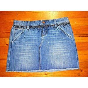 Denim Mini Skirt embellished rhinestones WAIST 30" POCKETS X2 blue frayed hem